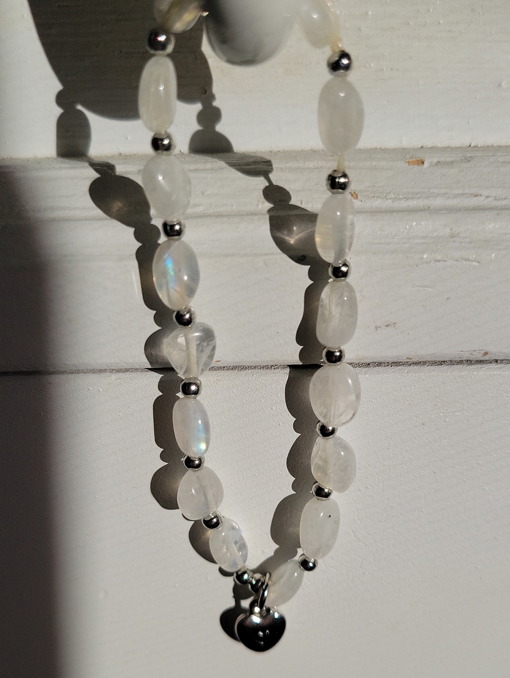 Moonstone Bead Bracelet with Heart Pendant - White
